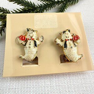 Vintage-Inspired Clip On Snowman Earrings Gold Tone Glitter Finish Red & Black